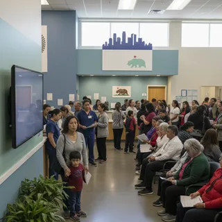 Healthcare professionals in a clinical setting comforting Los Angeles residents experiencing loss of Medi-Cal coverage.