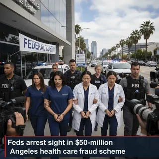 Medical professionals and defendants in a realistic Los Angeles healthcare setting, involved in a large-scale fraud investigation.