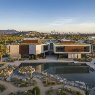 Modern building exterior with landscaped grounds, architectural photography style.