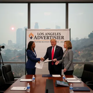 Los Angeles Mayor Karen Bass and County Supervisor Kathryn Barger meet with President Trump in a professional news photograph.