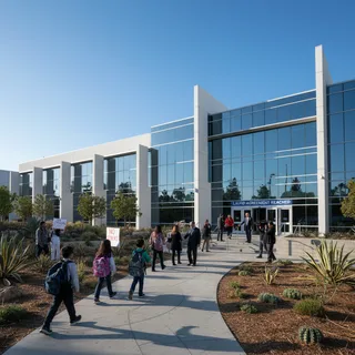 Modern LAUSD building exterior with landscaped grounds, realistic architectural photography.