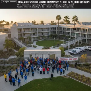 Modern school building exterior with landscaped grounds in Los Angeles.