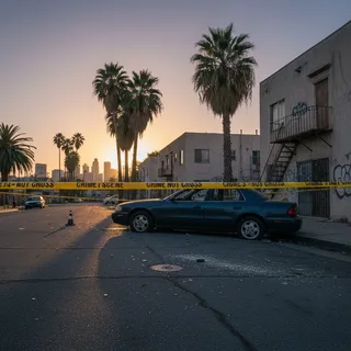 Crime scene tape surrounds a school entrance in Los Angeles during daylight with no people present.