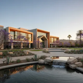 Modern building exterior with grounds, architectural photography, realistic setting, no people, no text.
