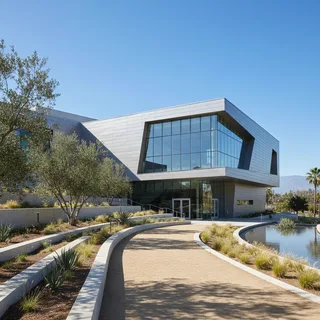 Modern building exterior with landscaped grounds, architectural photography, realistic setting.