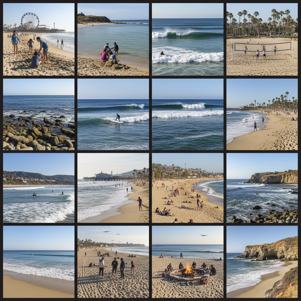 A diverse group of people relax and play on the sandy shores of a sunny Los Angeles beach with blue water.