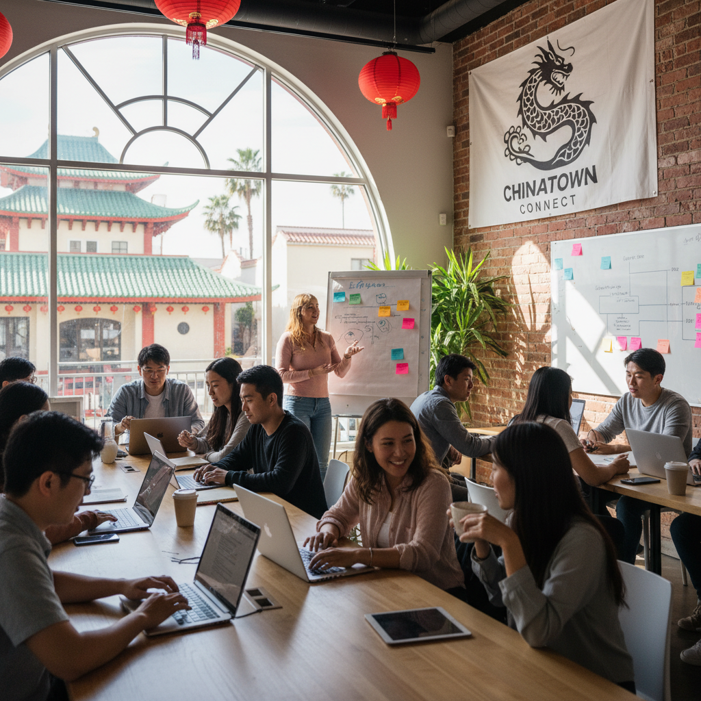 Diverse group collaborates in a sunlit, modern co-working space in Los Angeles Chinatown.