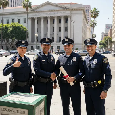 Four LAPD officers stand in a Los Angeles courtroom after winning a $14.6 million retaliation lawsuit.