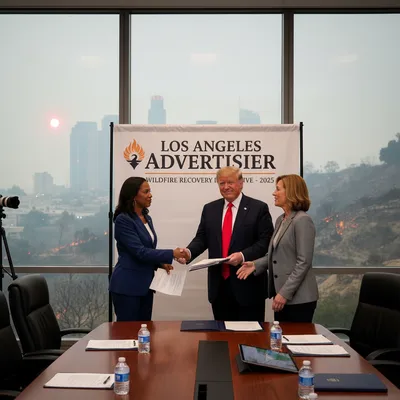 Los Angeles Mayor Karen Bass and County Supervisor Kathryn Barger meet with President Trump in a professional news photograph.