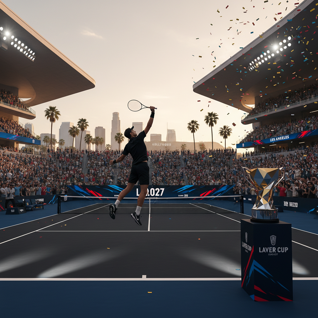 Dynamic action shot of a men's singles tennis match on a blue hard court inside a modern stadium.
