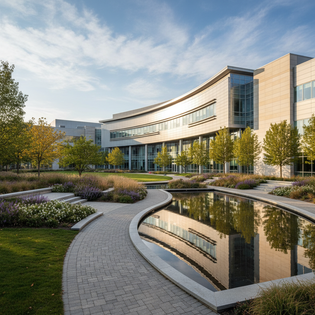 Modern building exterior with landscaped grounds at a Los Angeles Unified school.