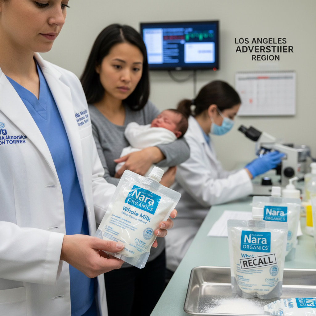 A photorealistic image of Nara Organics baby formula containers in a clinical setting.