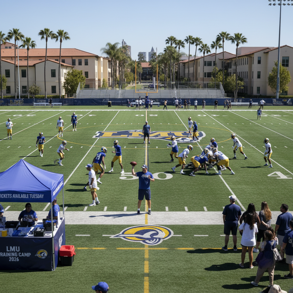Los Angeles Rams players in uniform on a green football field during a training camp practice.