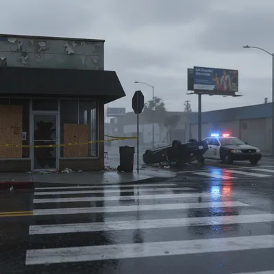 A crime scene in Los Angeles with no people, emphasizing realistic setting and natural lighting.