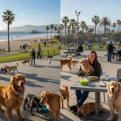 Golden retriever happily plays in a sunny Los Angeles park with green grass and trees.