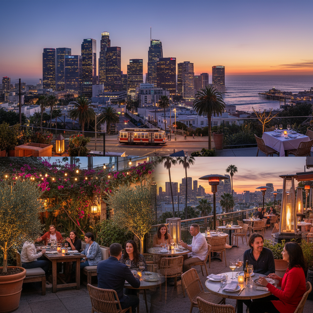 Rooftop restaurant patio with numerous tables and city views in Los Angeles.