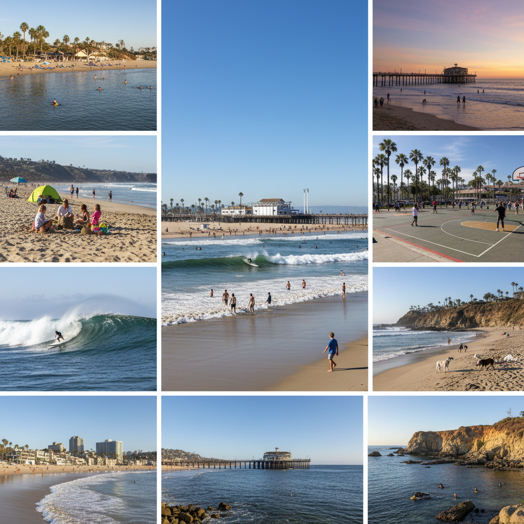 Sun and surf at a sandy Los Angeles beach with gentle waves rolling in.