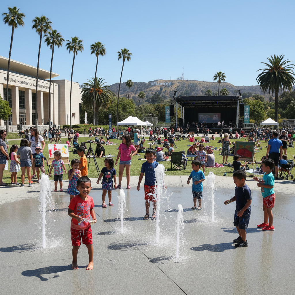 Children enjoying a sunny summer day at a Los Angeles splash pad with vibrant fountains, showcasing outdoor fun.