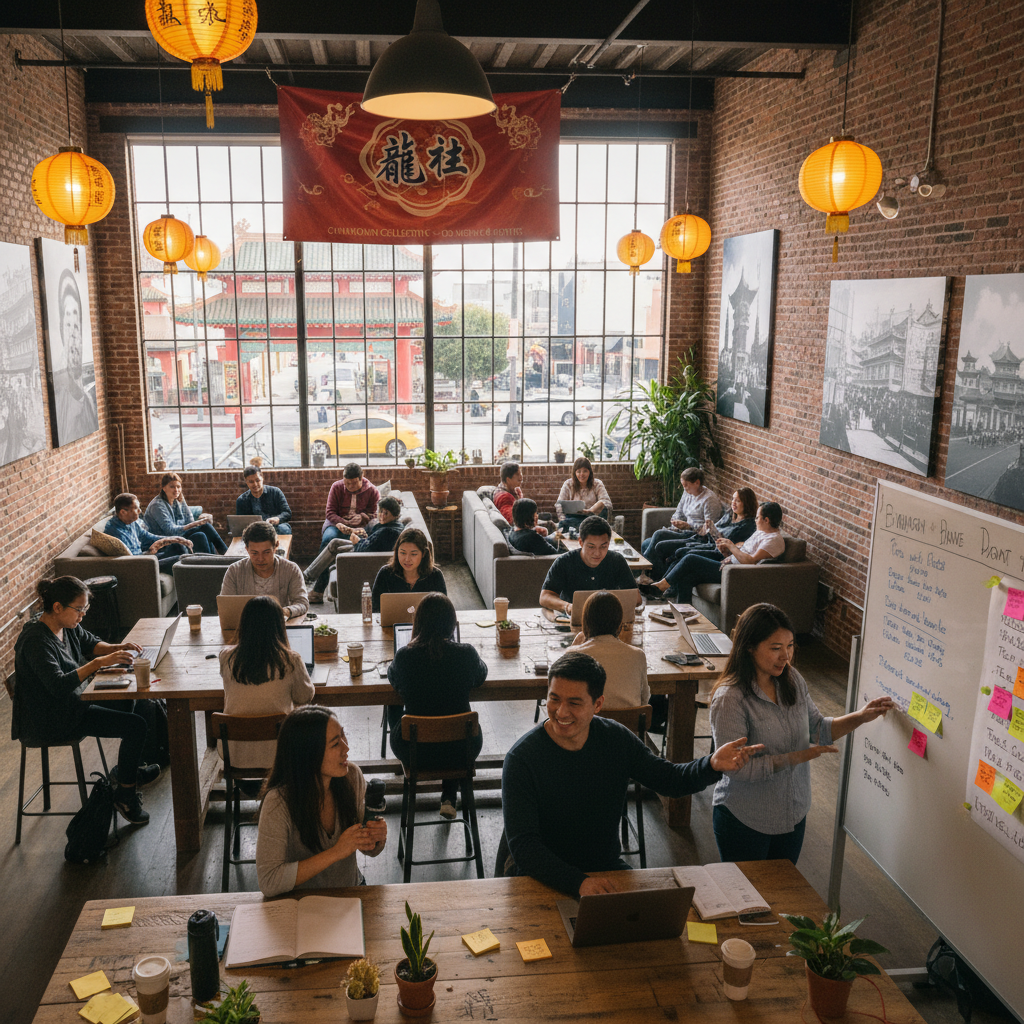 A diverse group collaborates in a bright, modern co-working space in Los Angeles Chinatown.