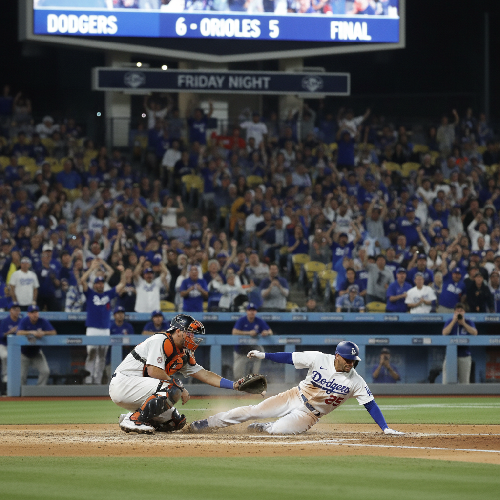 Los Angeles Dodgers player rounding third base during a close game against the Baltimore Orioles.