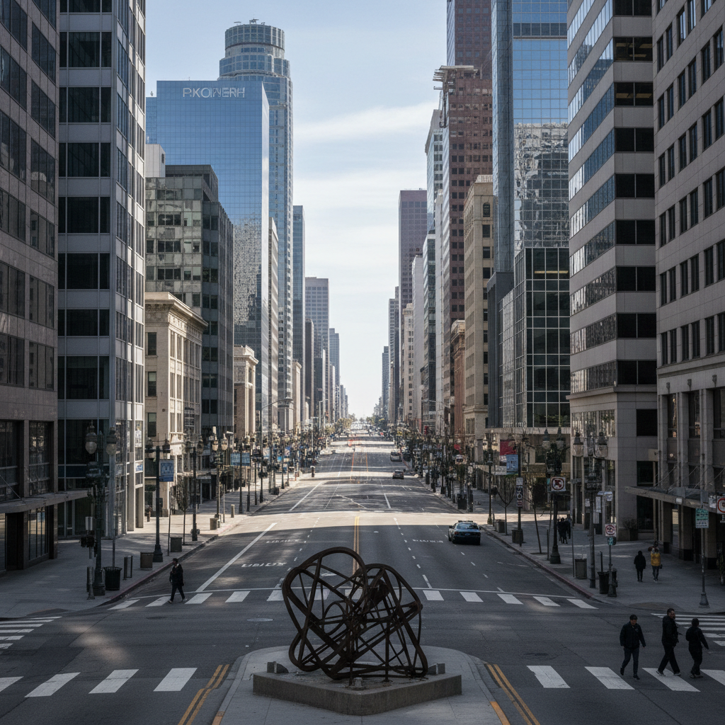 Modern office buildings and storefronts in a sparsely populated downtown Los Angeles street.