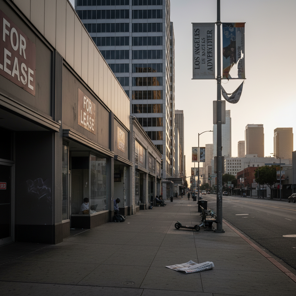 Empty downtown street with modern buildings and storefronts, reflecting urban decline.