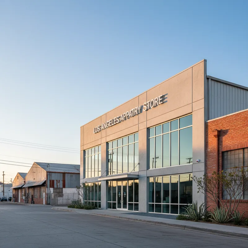 The Los Angeles Apparel Factory Store building facade on a sunny day in South-Central Los Angeles, showing the entrance and signage.