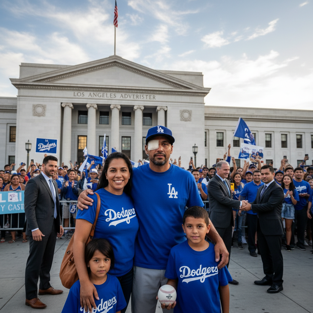 Man in Dodgers apparel looking pained, with blurred background of a courtroom gavel and scales of justice.