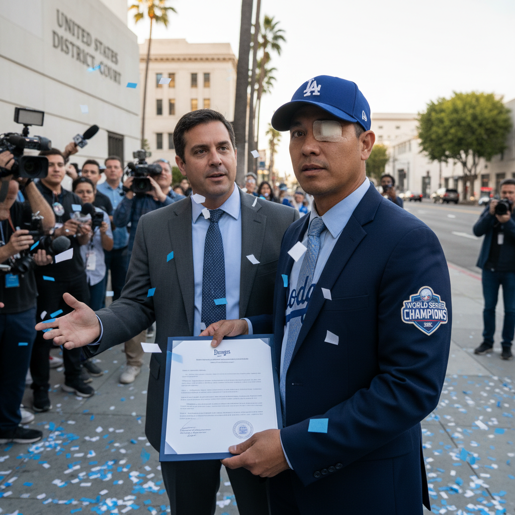 Man in Dodgers apparel sitting in courtroom before a jury, holding his eye.