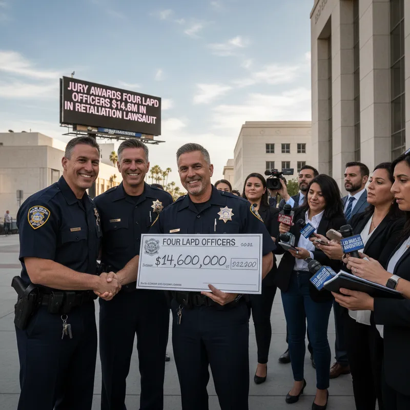 Four LAPD officers stand in a professional courtroom after winning a $14.6 million retaliation lawsuit.