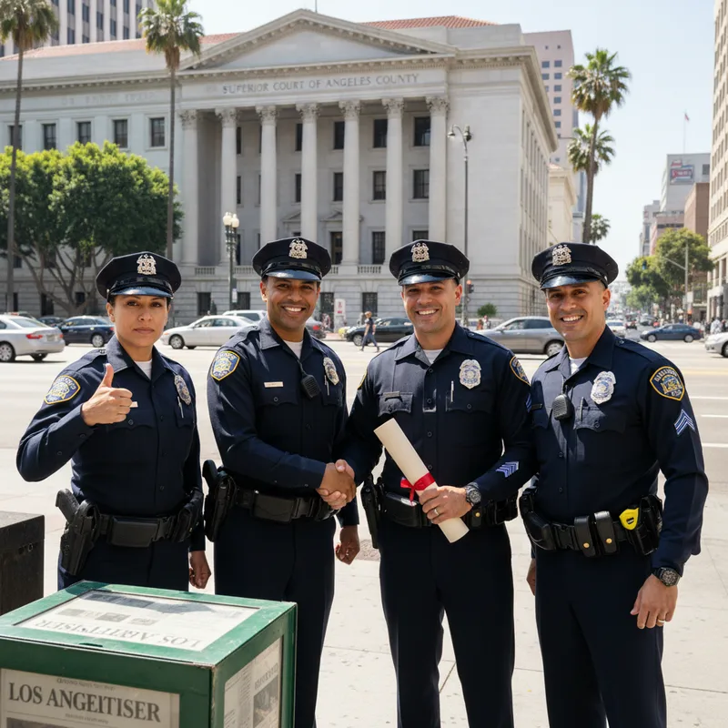 Four LAPD officers stand in a Los Angeles courtroom after winning a $14.6 million retaliation lawsuit.