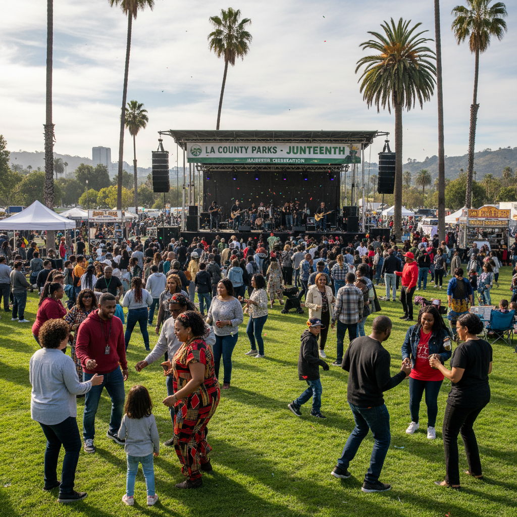 Community members enjoy outdoor music and activities during a Juneteenth celebration hosted by LA County Parks.