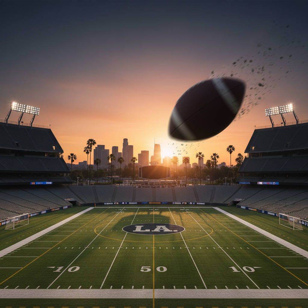 Dynamic action shot of a sports stadium or field at the Los Angeles Advertiser, realistic setting, no people.