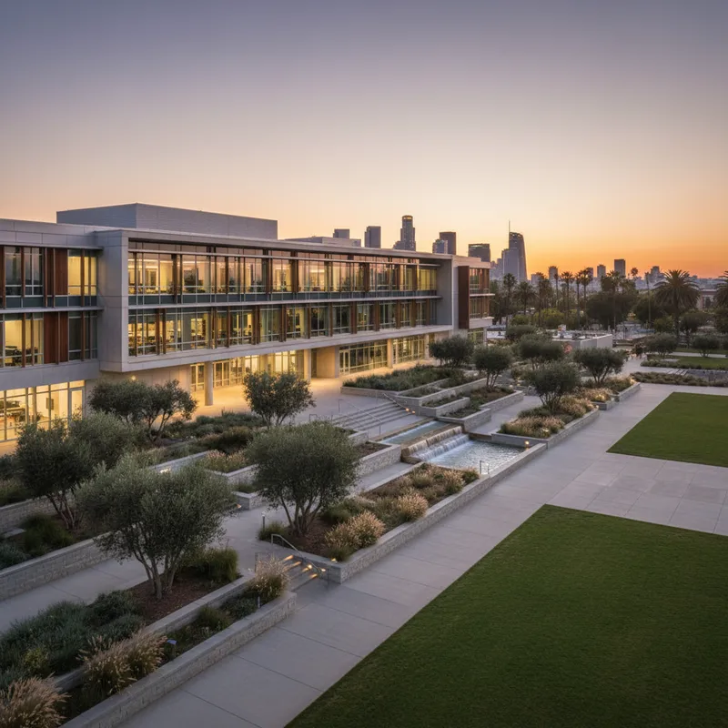 Modern building exterior with landscaped grounds at a public school in Los Angeles.