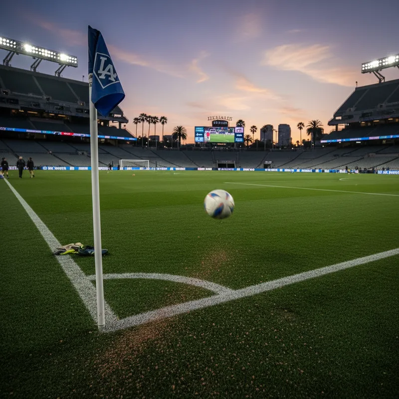 Empty, sun-drenched, realistic athletic field with green turf and track in Los Angeles, set for sports.