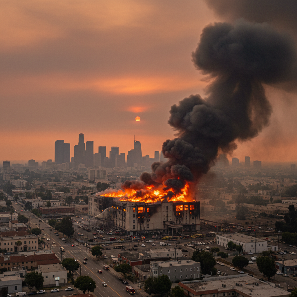 Smoke billows from a large warehouse fire in Boyle Heights, Los Angeles, prompting a state of emergency.