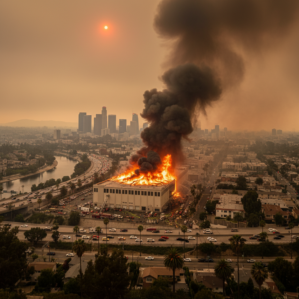 Smoke billows from a large fire at a Boyle Heights cold storage facility in Los Angeles.