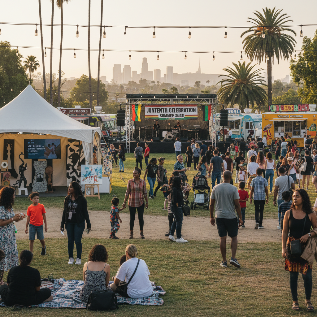 Diverse group of people enjoying outdoor summer festival in Los Angeles with colorful decorations and food stalls, embodying community spirit.