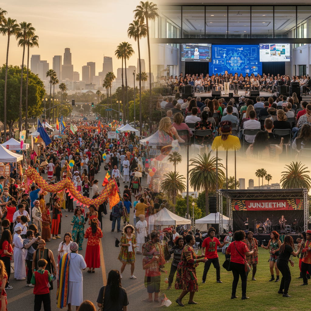 Diverse groups of people enjoying outdoor summer festivals and cultural events in Los Angeles.