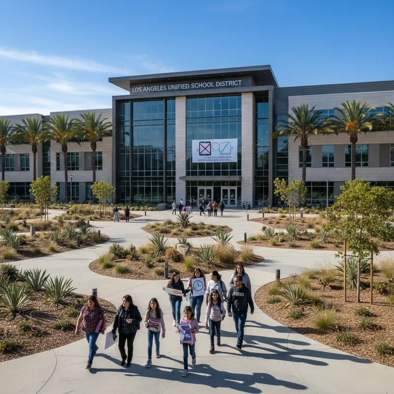 Modern school building exterior with manicured lawns, representing Los Angeles Unified School District.