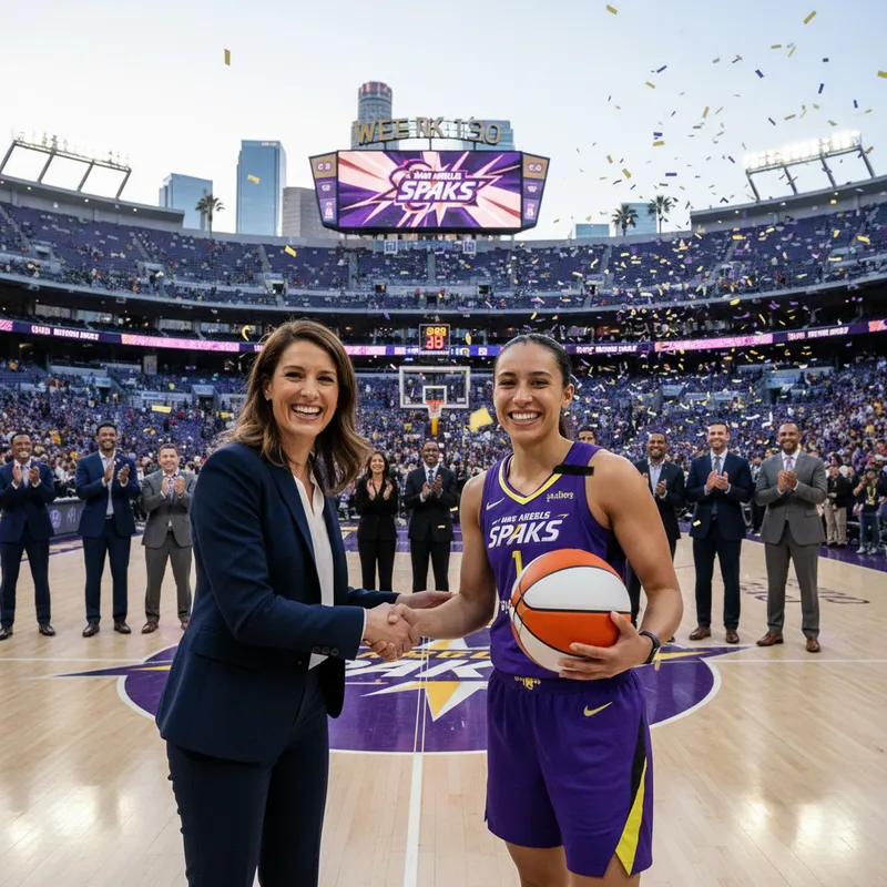 Stacy Johns, new LA Sparks president, in a dynamic action shot at a realistic stadium setting.