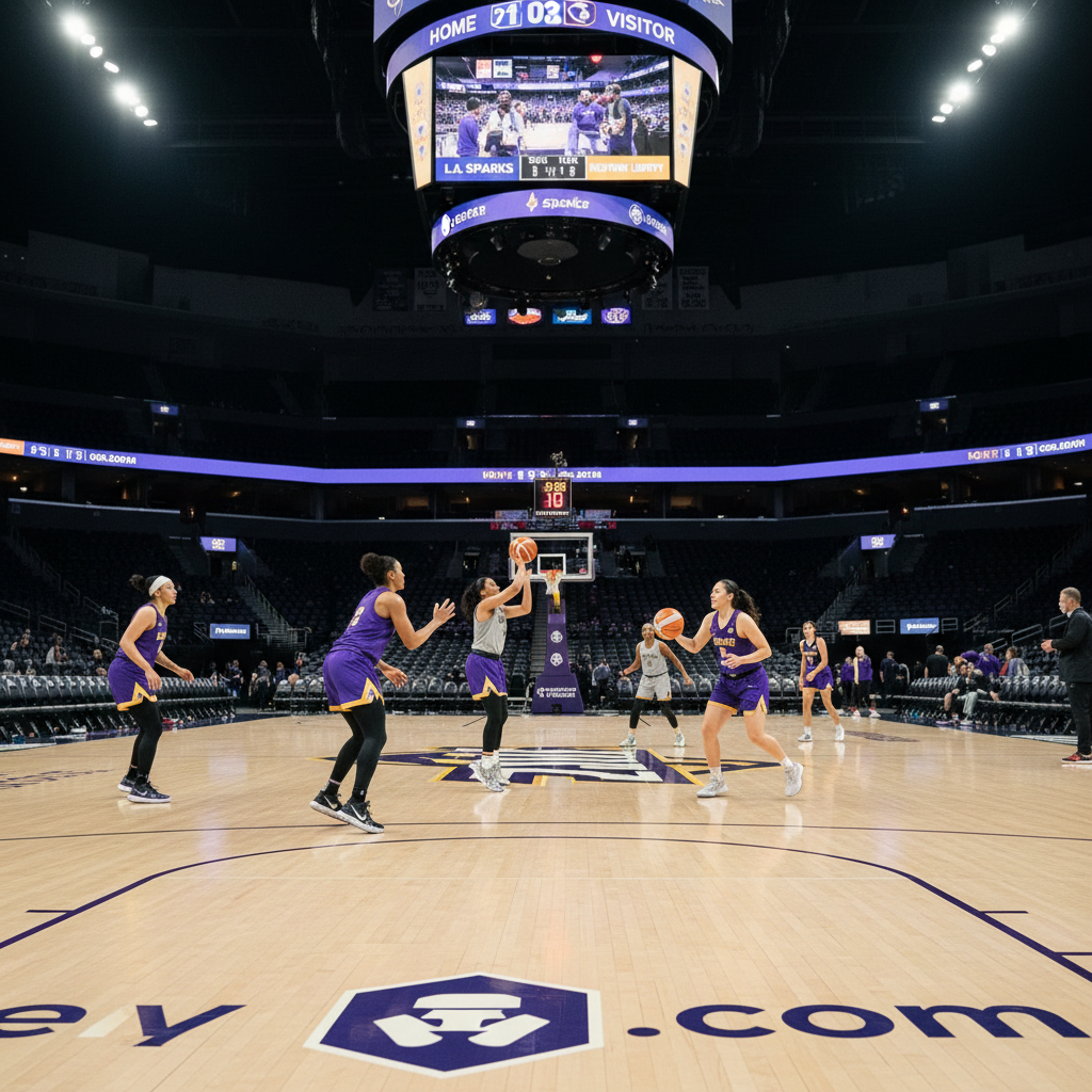 Los Angeles Sparks players in dynamic action shot at Crypto.com Arena during a game.
