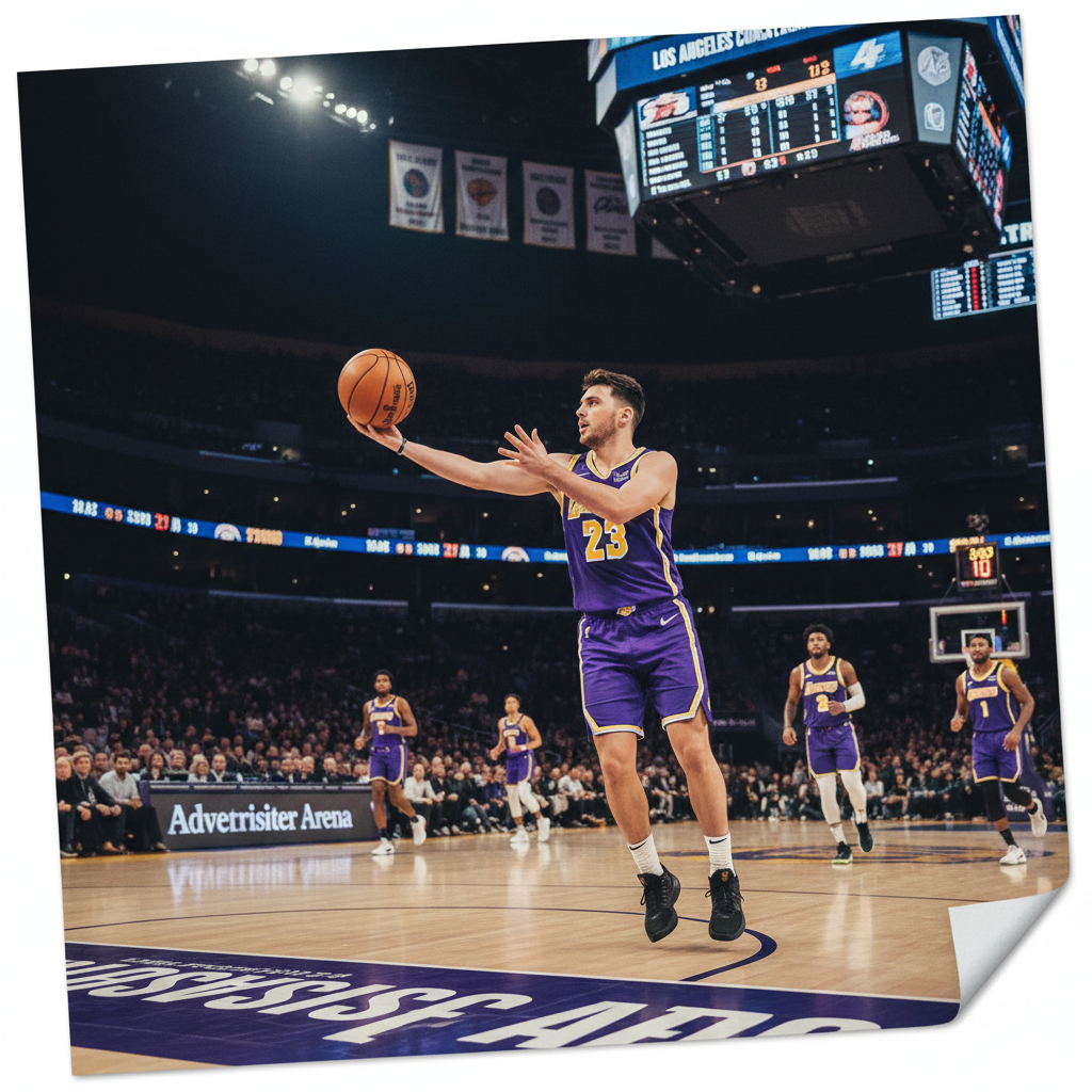 Luka Dončić in Lakers' uniform on a basketball court, holding a clipboard with a roster list.