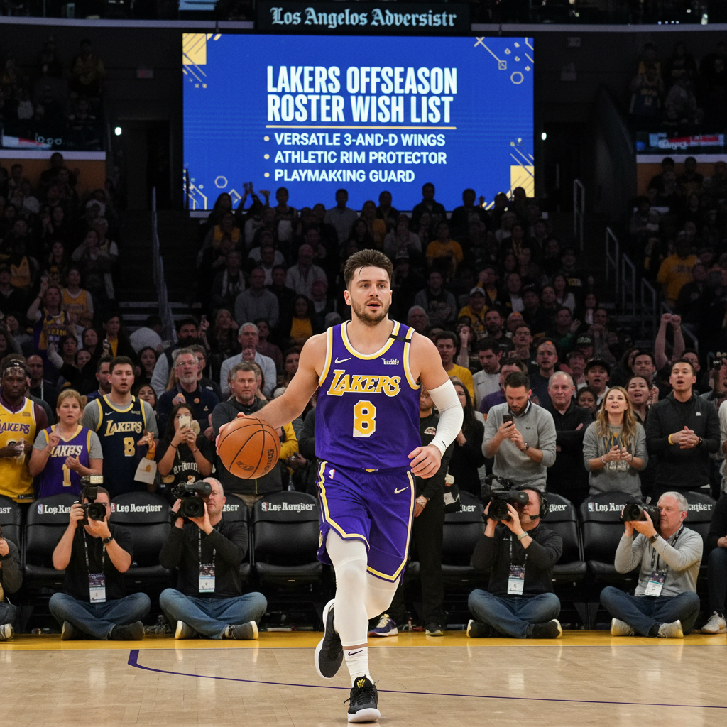 Luka Dončić in Lakers uniform on a basketball court, looking determined.