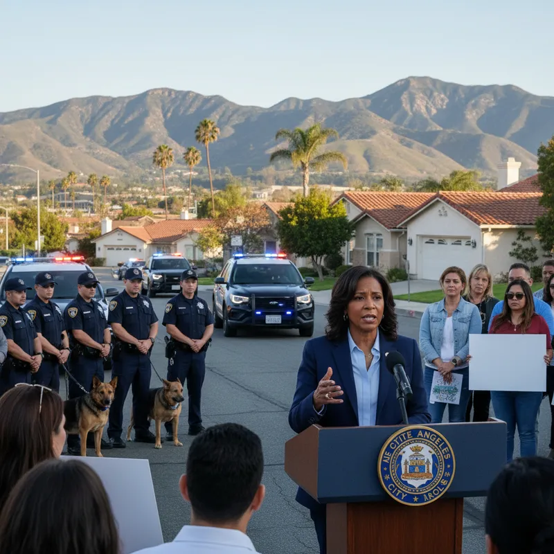 Mayor Karen Bass speaking to LAPD officers during a press conference about increased patrols in the San Fernando Valley.
