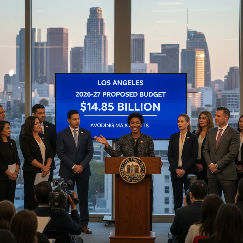 Mayor Karen Bass stands at a podium in front of an out-of-focus Los Angeles cityscape.