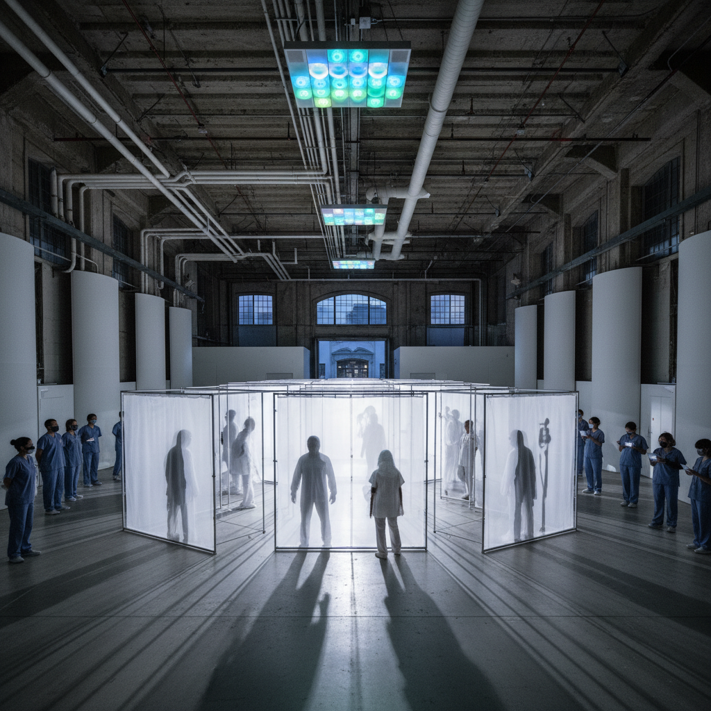An immersive installation of light and shadow with sculptural elements at MOCA Geffen Contemporary.