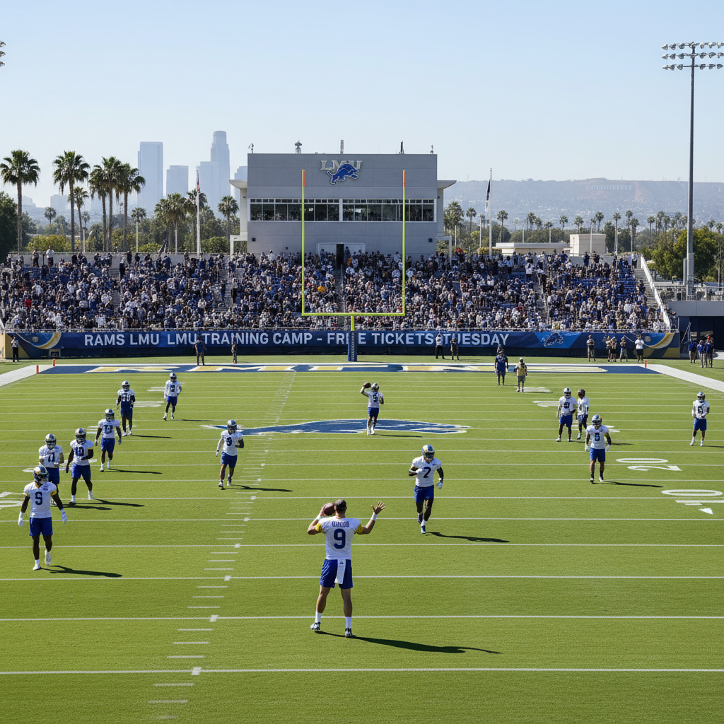 Los Angeles Rams players in uniform during a dynamic action shot on a football field during training camp.