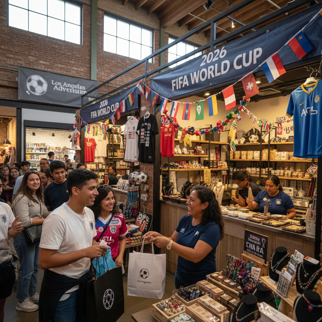 Vendors at Mercado La Paloma in South Los Angeles display goods, anticipating a boost from the 2026 FIFA World Cup.