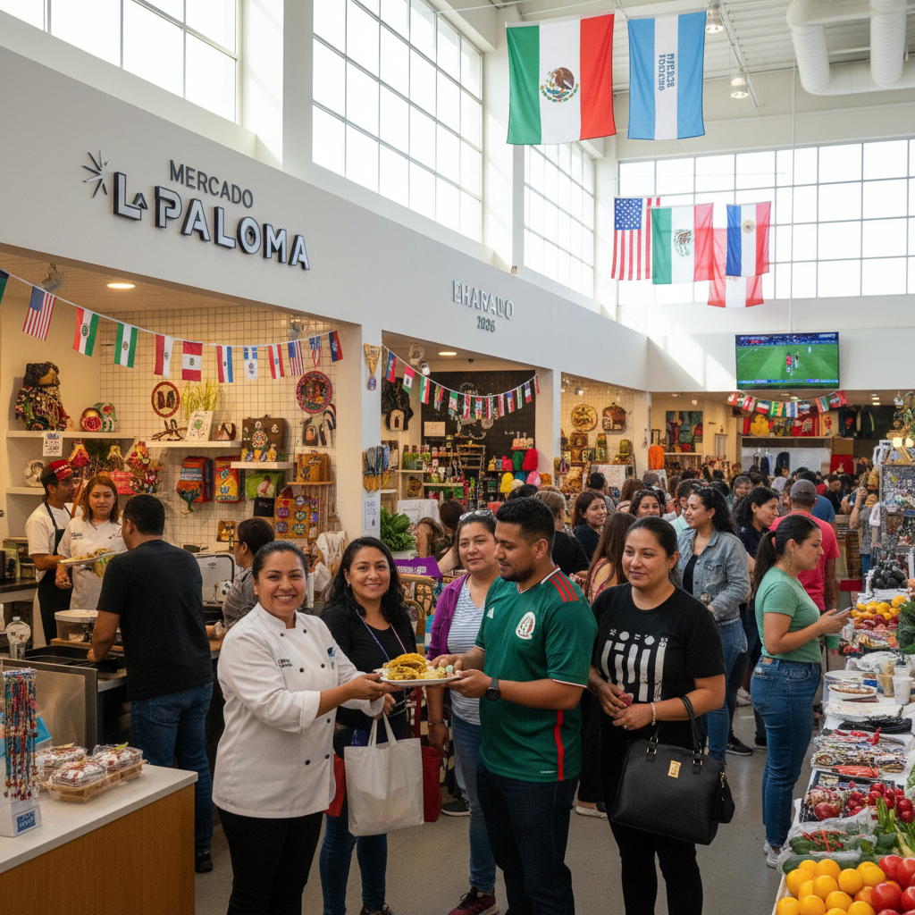 Mercado La Paloma storefronts with diverse vendors, reflecting economic activity from the World Cup boost in South Los Angeles.